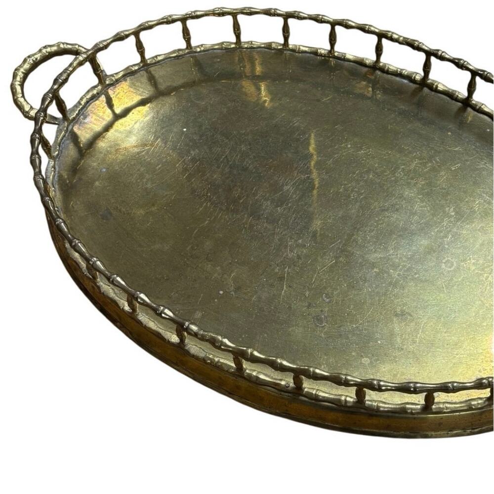 Vintage MCM Hollywood Regency Brass Faux Bamboo Serving Tray Handled 20” Oval